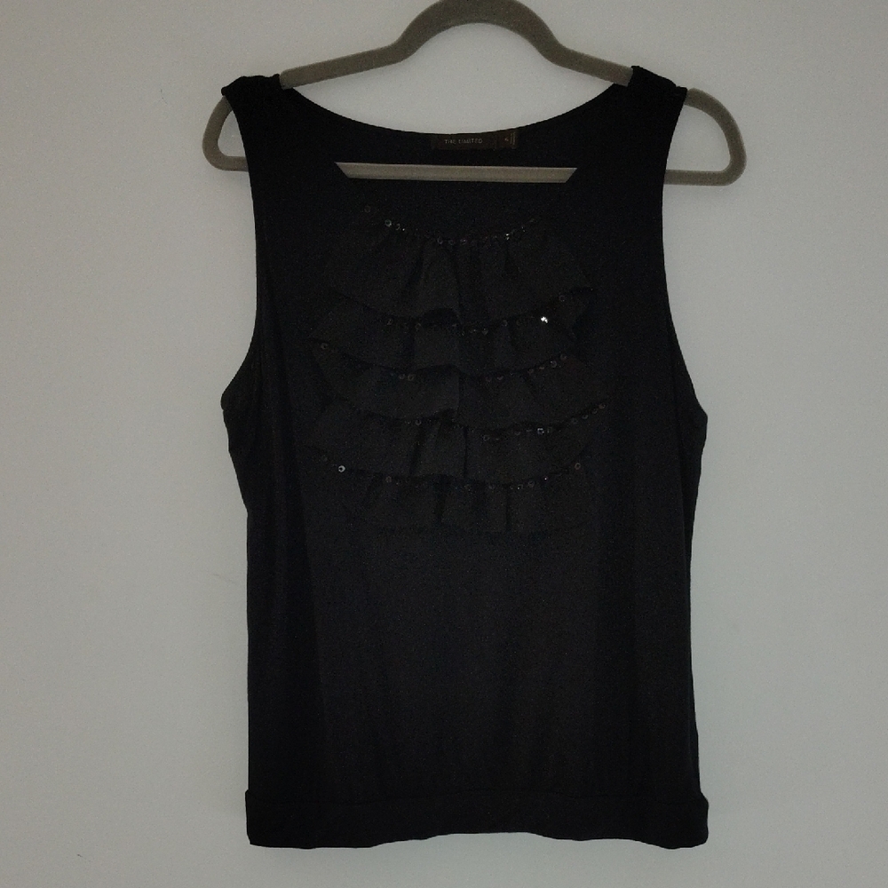 The Limited Black Ruffle Tank Top Size XL Fall Winter Layering Holiday Sequins